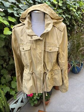 American Rag Women's Light Tan Hooded Utility Jacket with Sleeve Staps